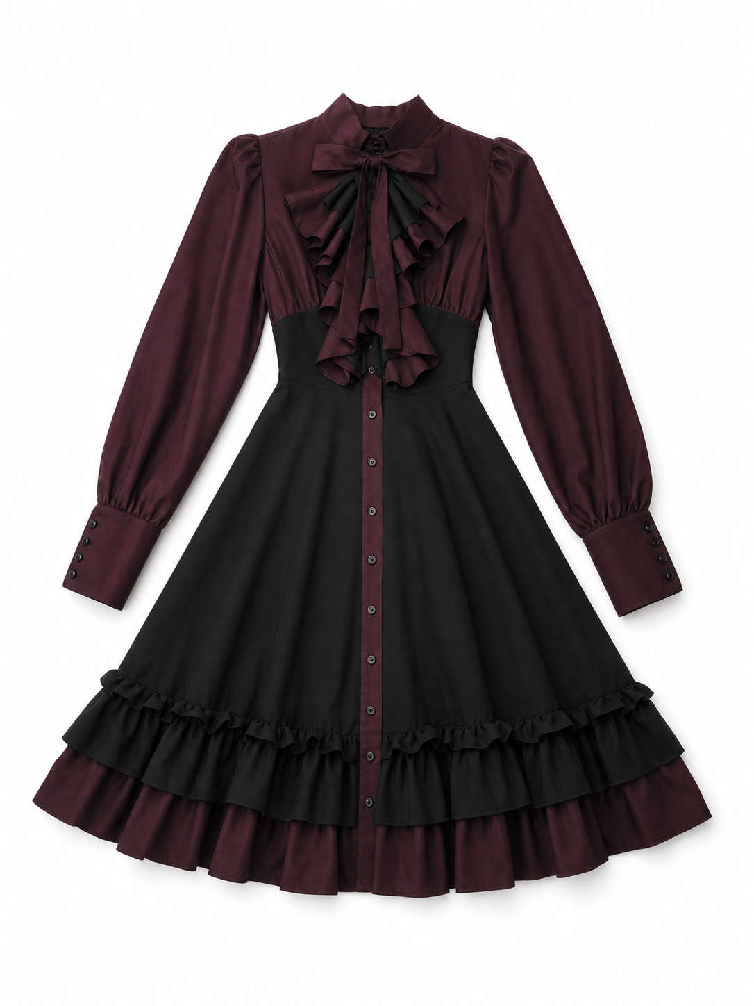 Women’s Gothic Renaissance Dress, Medieval Steampunk Style, Black And Burgundy Long Sleeve High Neck Ruffle A-Line Costume Outfit