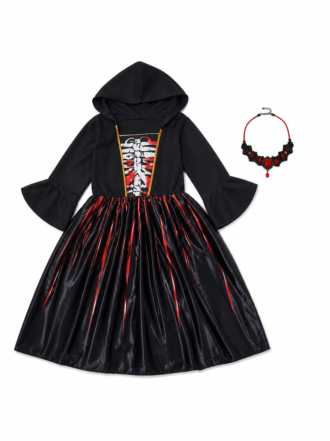 Gothic Hooded Skeleton Costume Dress included items