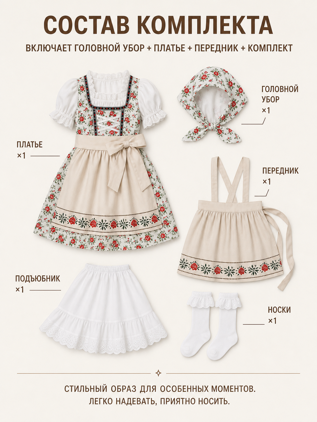 Dirndl Dress with Apron and Kerchief Featuring a Red Rose Print