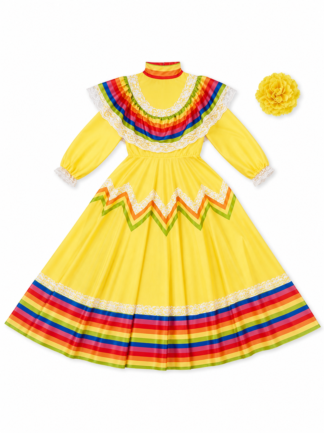 Costume dress with ruffles and rainbow trim included items