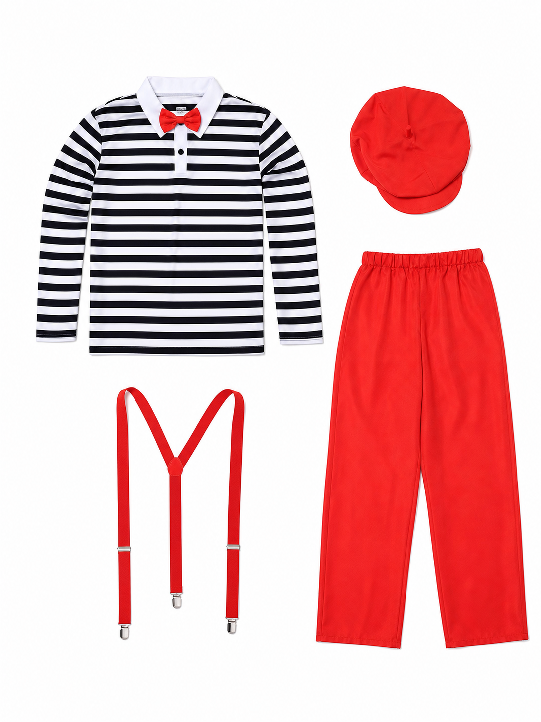 This bright clown costume is designed to create an expressive stage look and a festive transformation. The set includes a red cap with a short protruding crown, round glasses with red frames, a long-sleeve shirt with horizontal black-and-wh