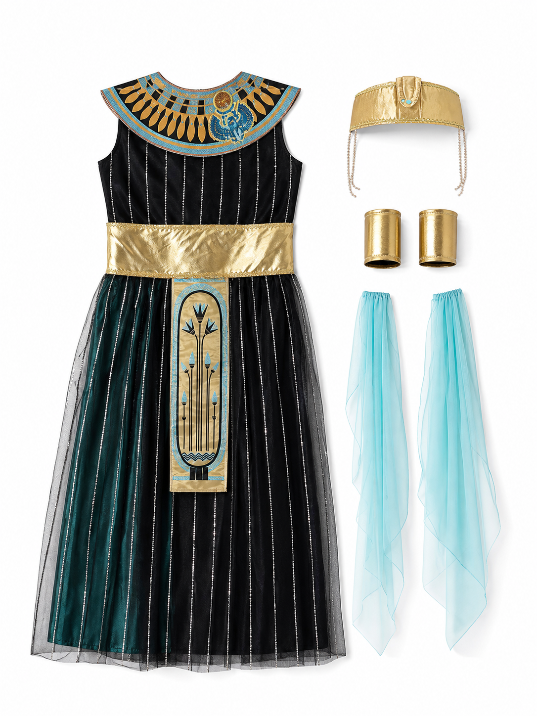 Cleopatra costume designed in an Egyptian-inspired style and decorated in a combination of black, gold, light blue, and blue-green colors. The outfit is centered around a black dress with a skirt and fitted upper section. Vertical sequin st