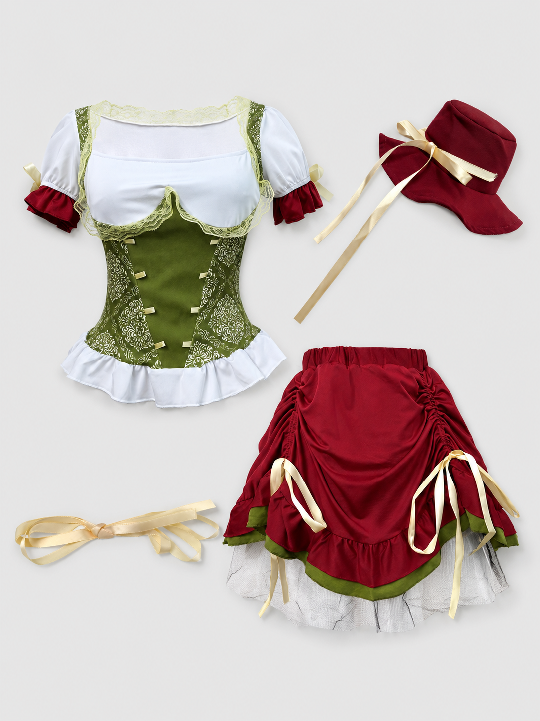 Costume with a corset-style top, skirt, hat, and ribbons