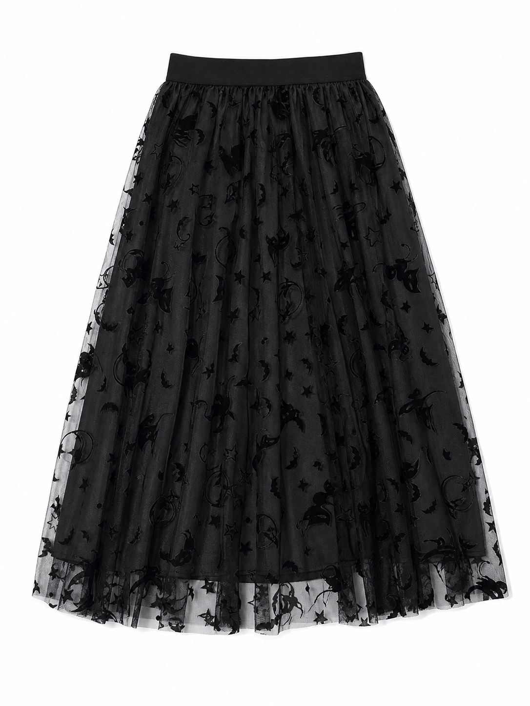 Black mesh midi skirt with bats