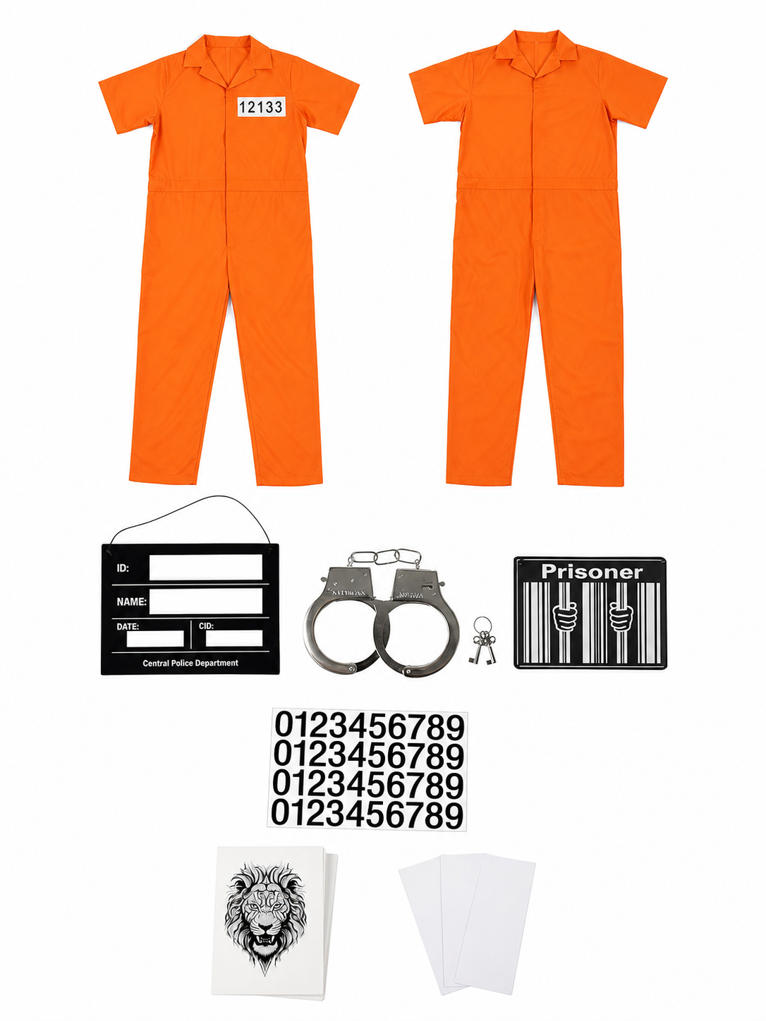 Information card showing front and back jumpsuit views with a number patch, handcuffs, prisoner accessories, number stickers, and paper cards