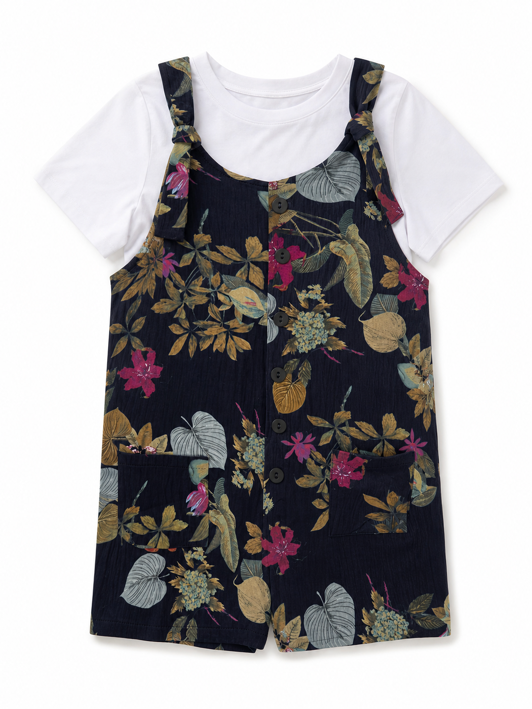Dark Blue Overall Shorts with Yellow Floral Print included items