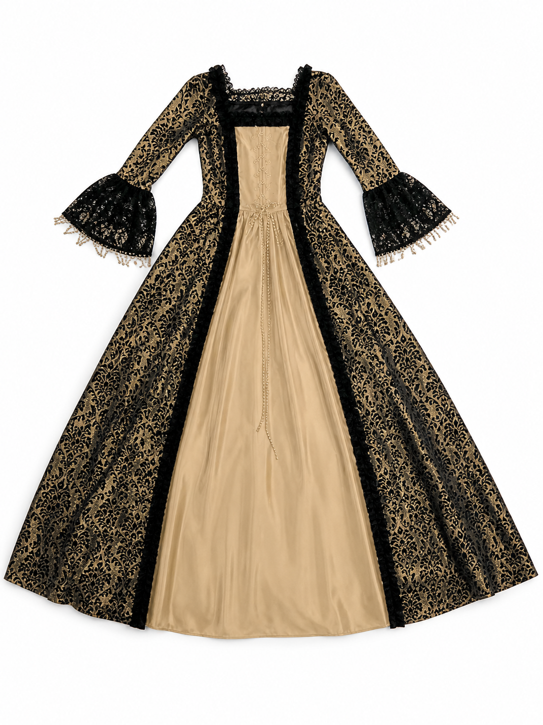 The dress is designed in a historical style with theatrical and decorative