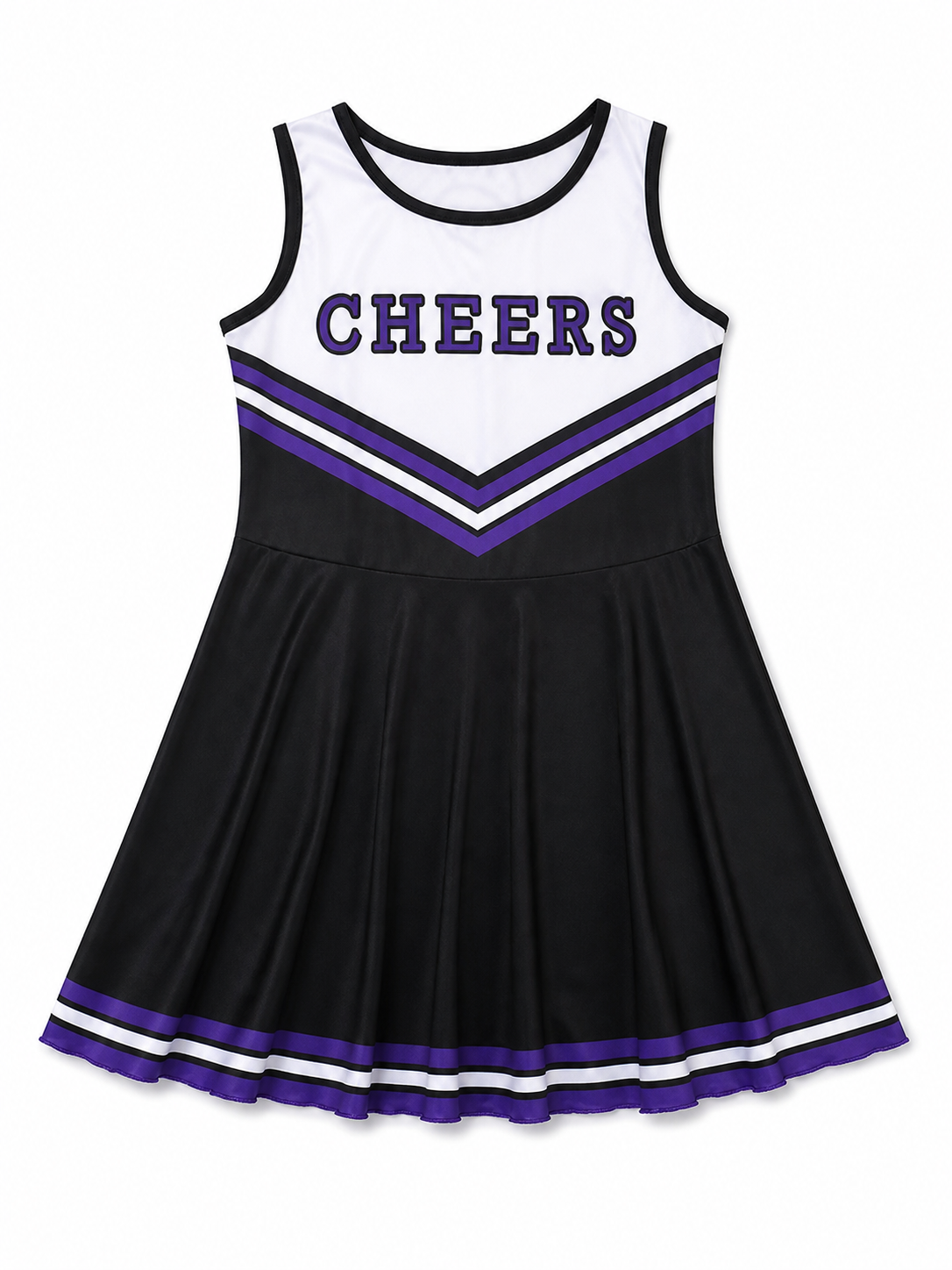Cheerleading costume with pom-poms, dress, and leg warmers included items