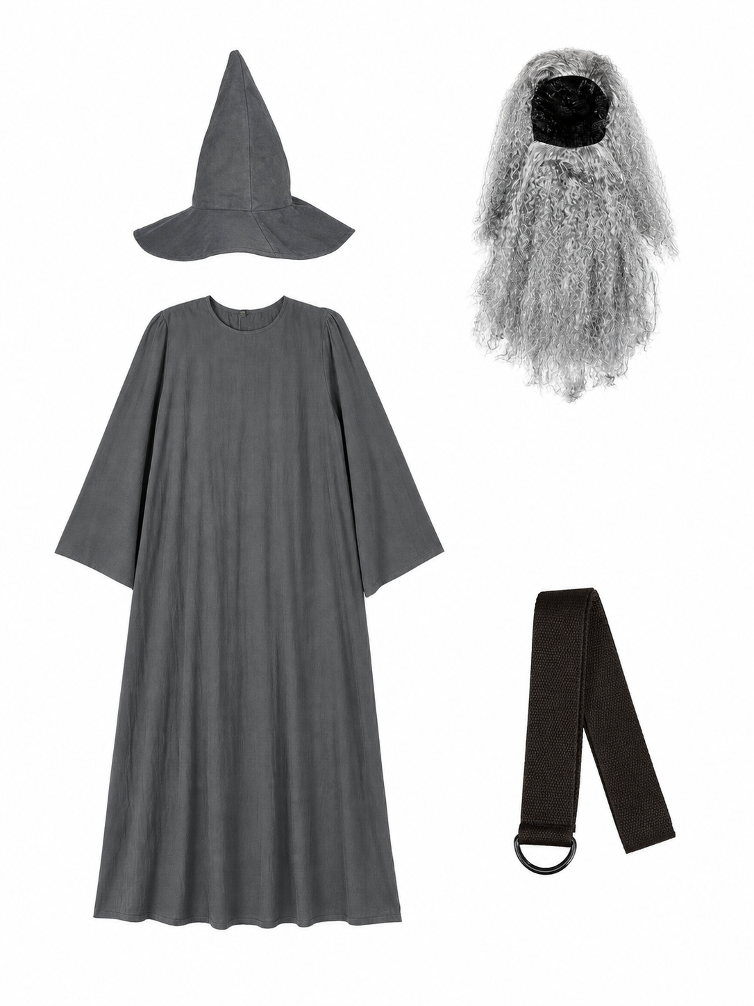 Costume pieces laid out on white, including a gray robe, pointed hat, gray beard, and black belt