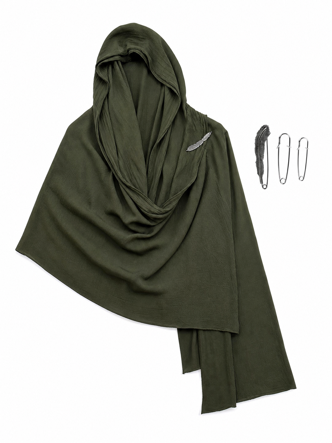 Green Hooded Cape with Feather Trim