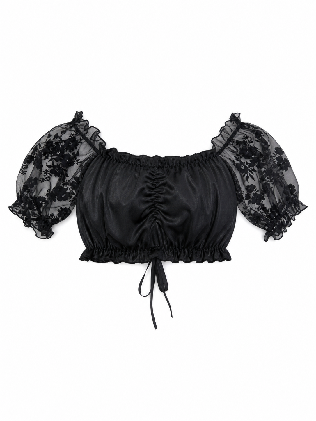 The blouse is black: the main body is made of opaque, smooth fabric