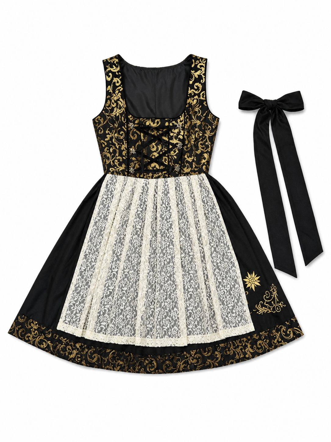 Dirndl Dress with Apron, Black and Gold, S–XXXL included items