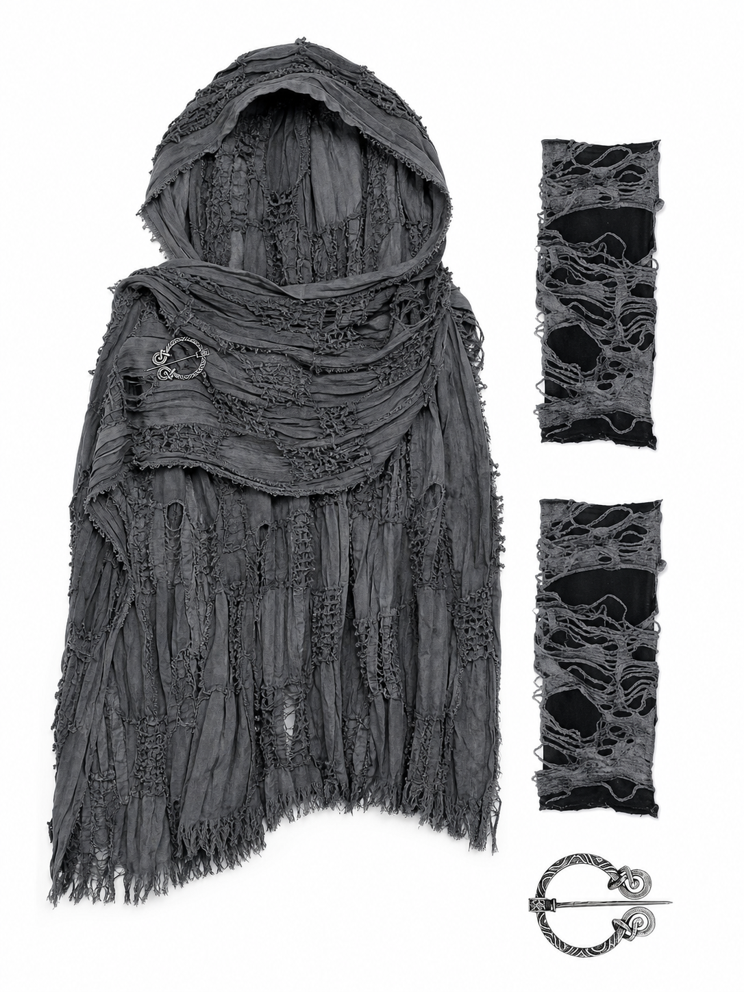 Gray hooded scarf with fringed edges, two matching fingerless gloves and a decorative metal fastener, shown laid flat