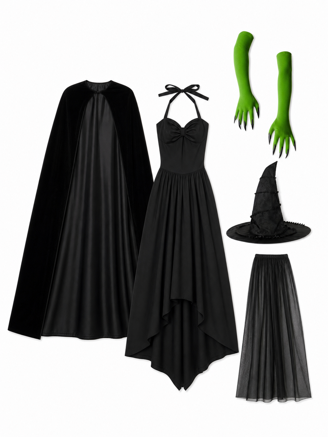 Black costume cape with green gloves product view 22