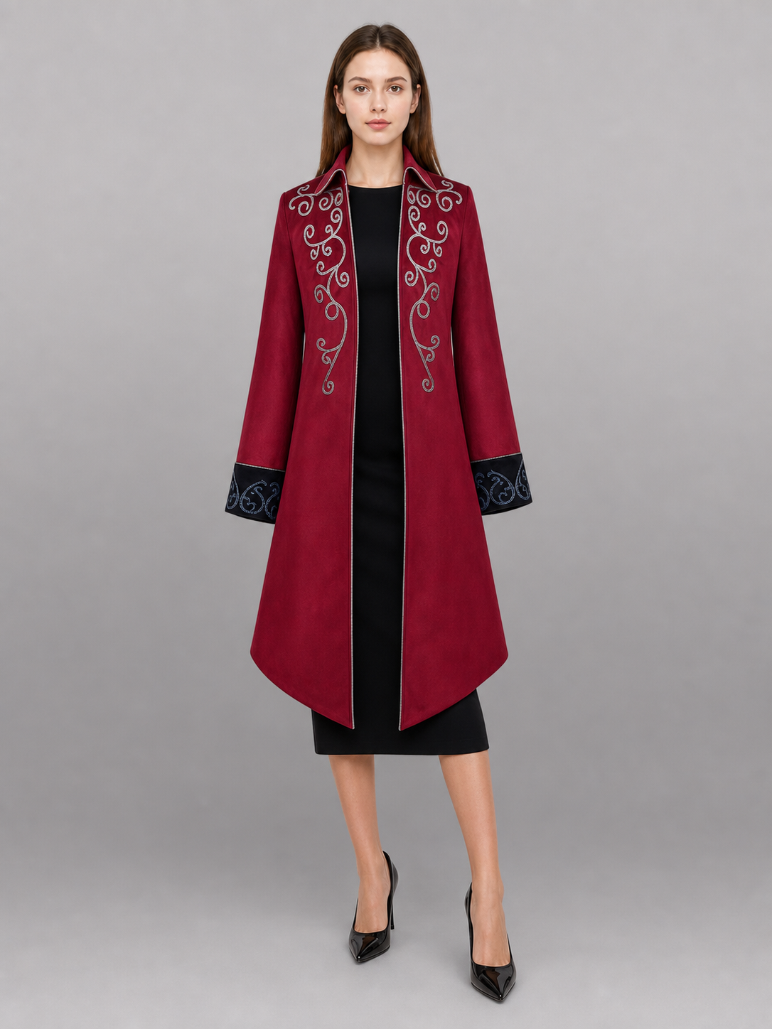 Burgundy tailcoat with embroidery and black panels included items