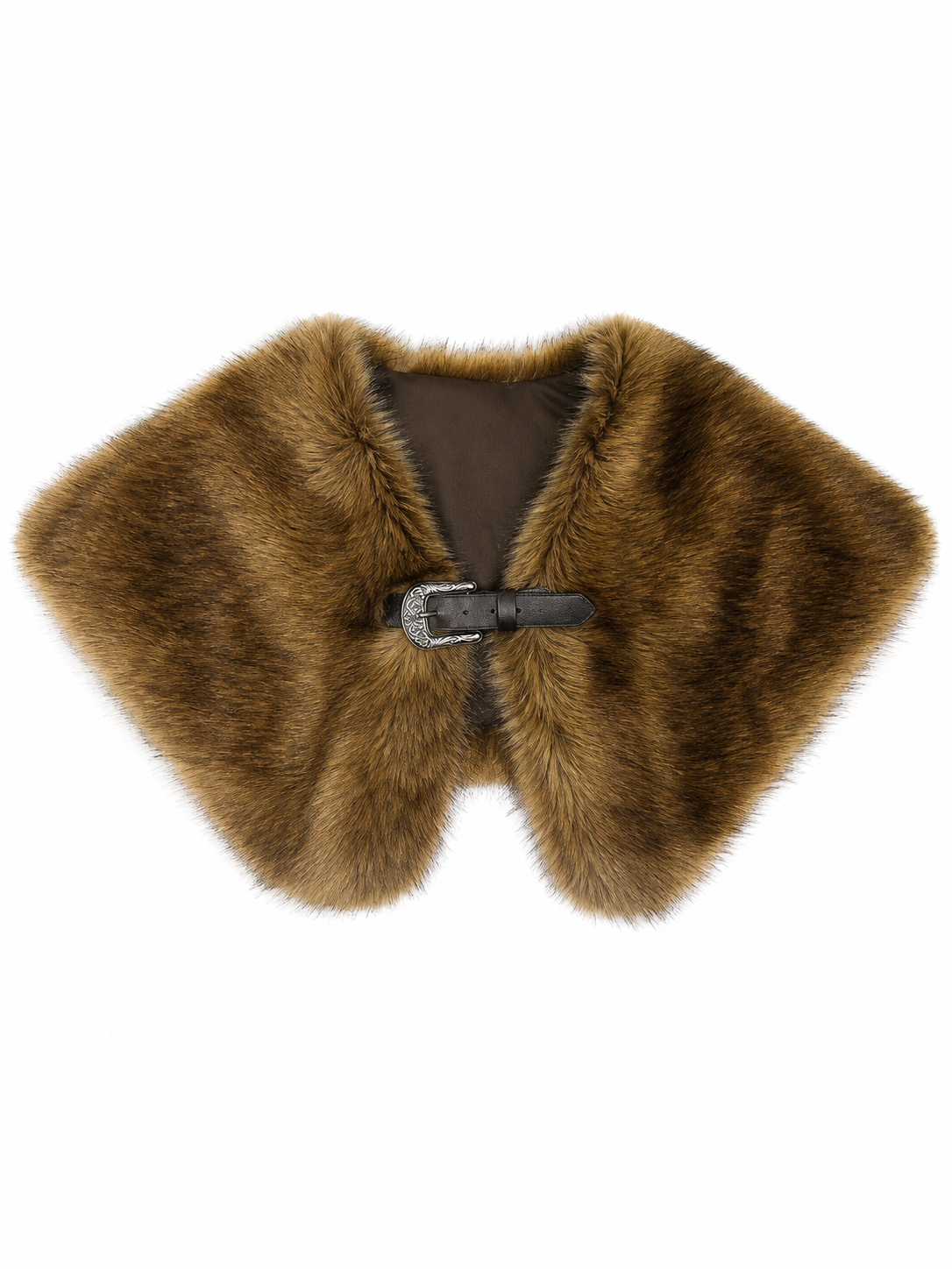 Brown fur-textured shoulder cape displayed flat on a white background, showing its symmetrical shape, dark lining, and front buckle