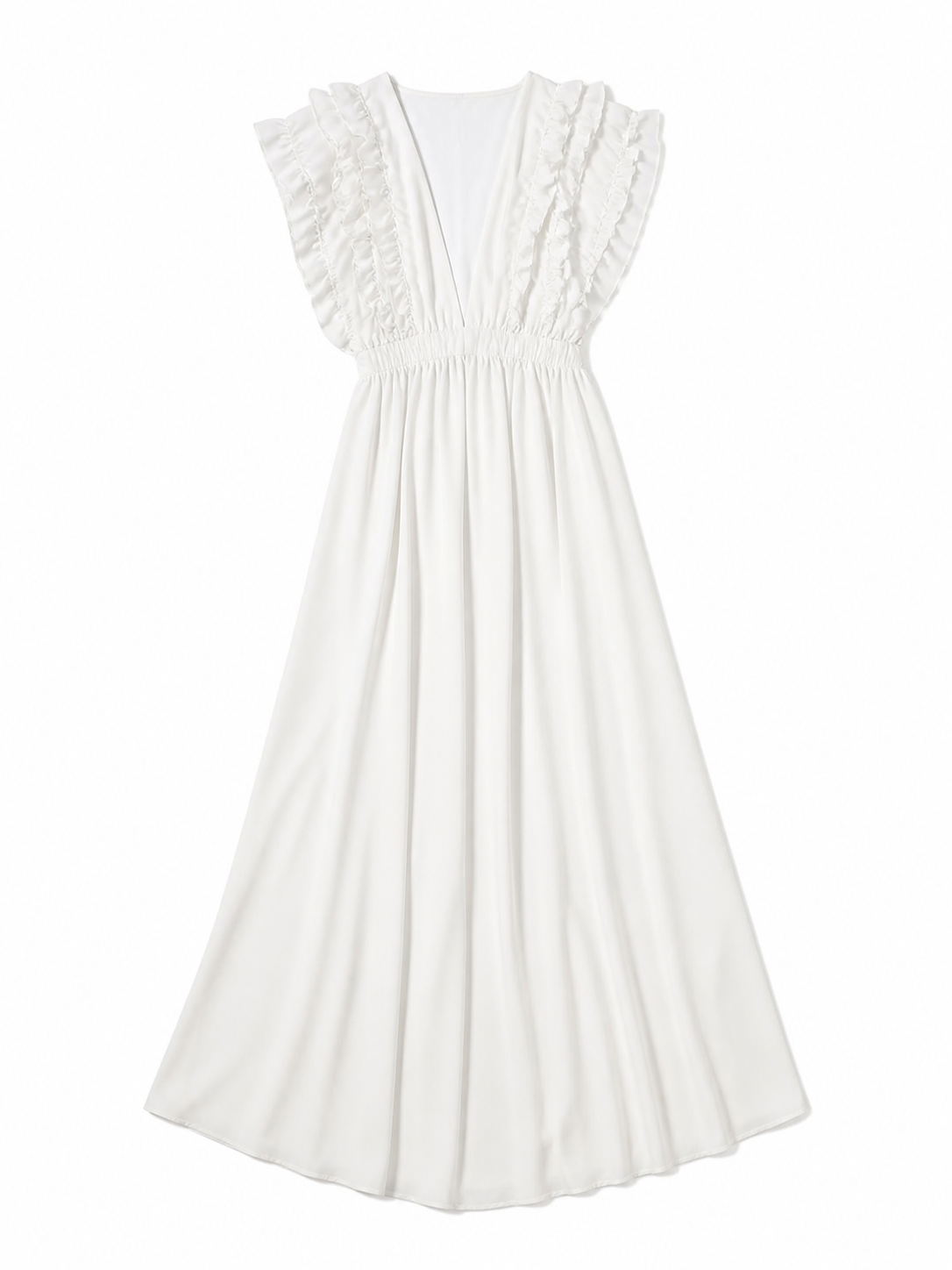 White Floor-Length Dress with a V-Neckline and Ruffled Sleeves