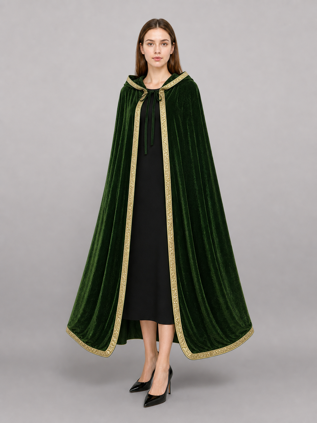 Green costume cloak with hood, gold trim included items