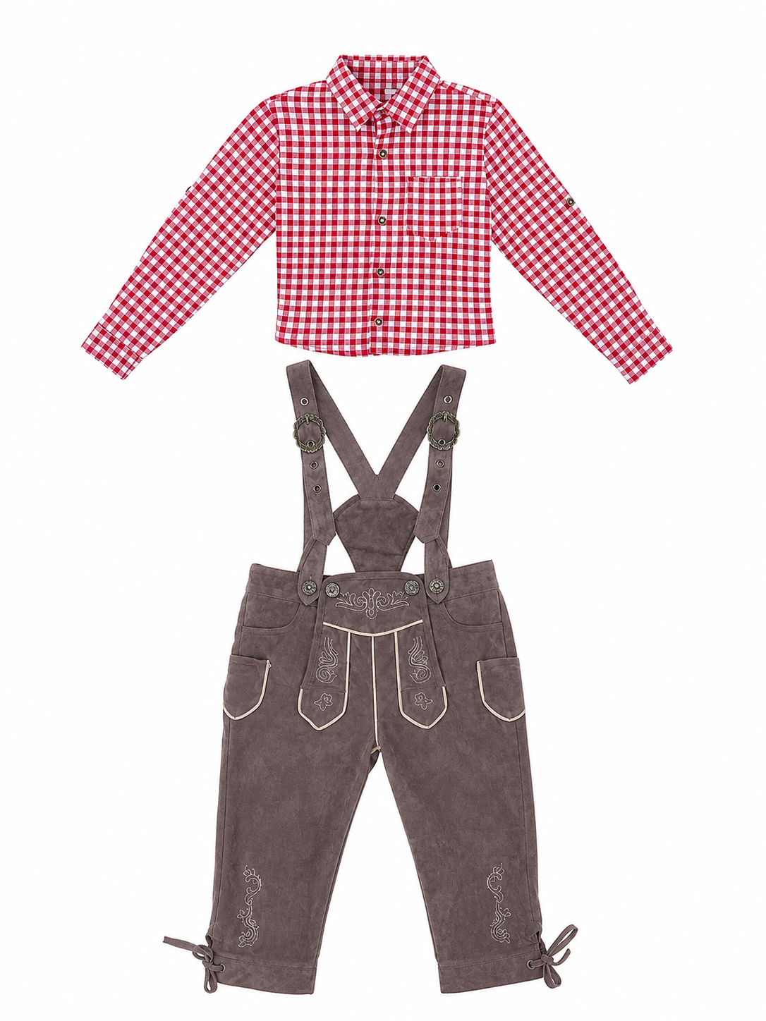 Alpine-style outfit: plaid shirt and pants