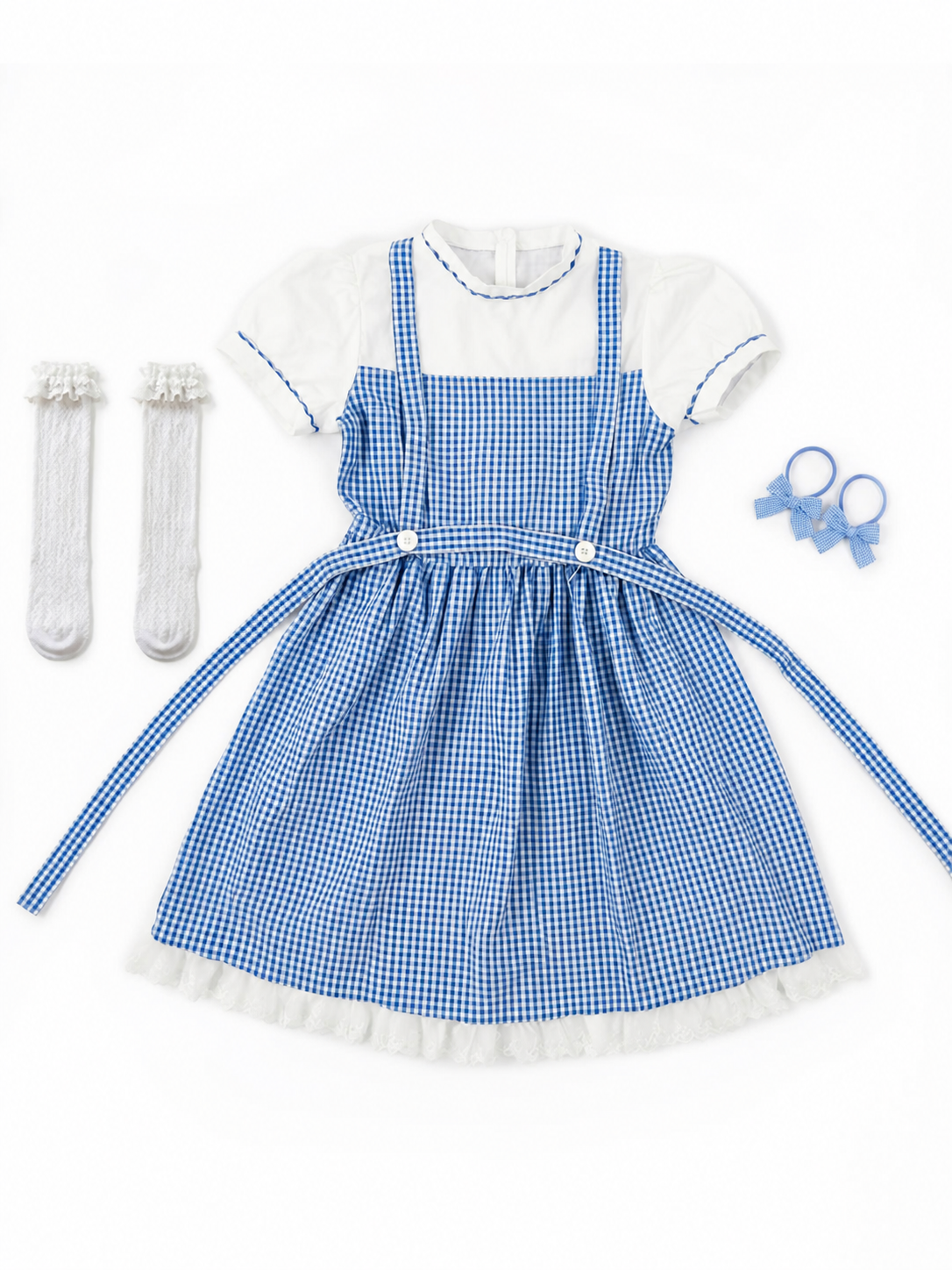 Blue and White Plaid Dress Set with Accessories included items