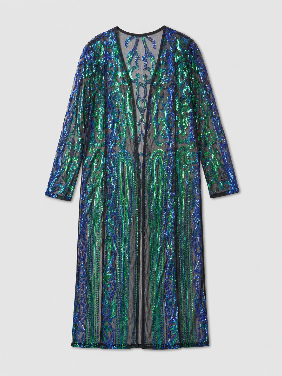 Long Sequin and Embroidered Open-Front Cardigan