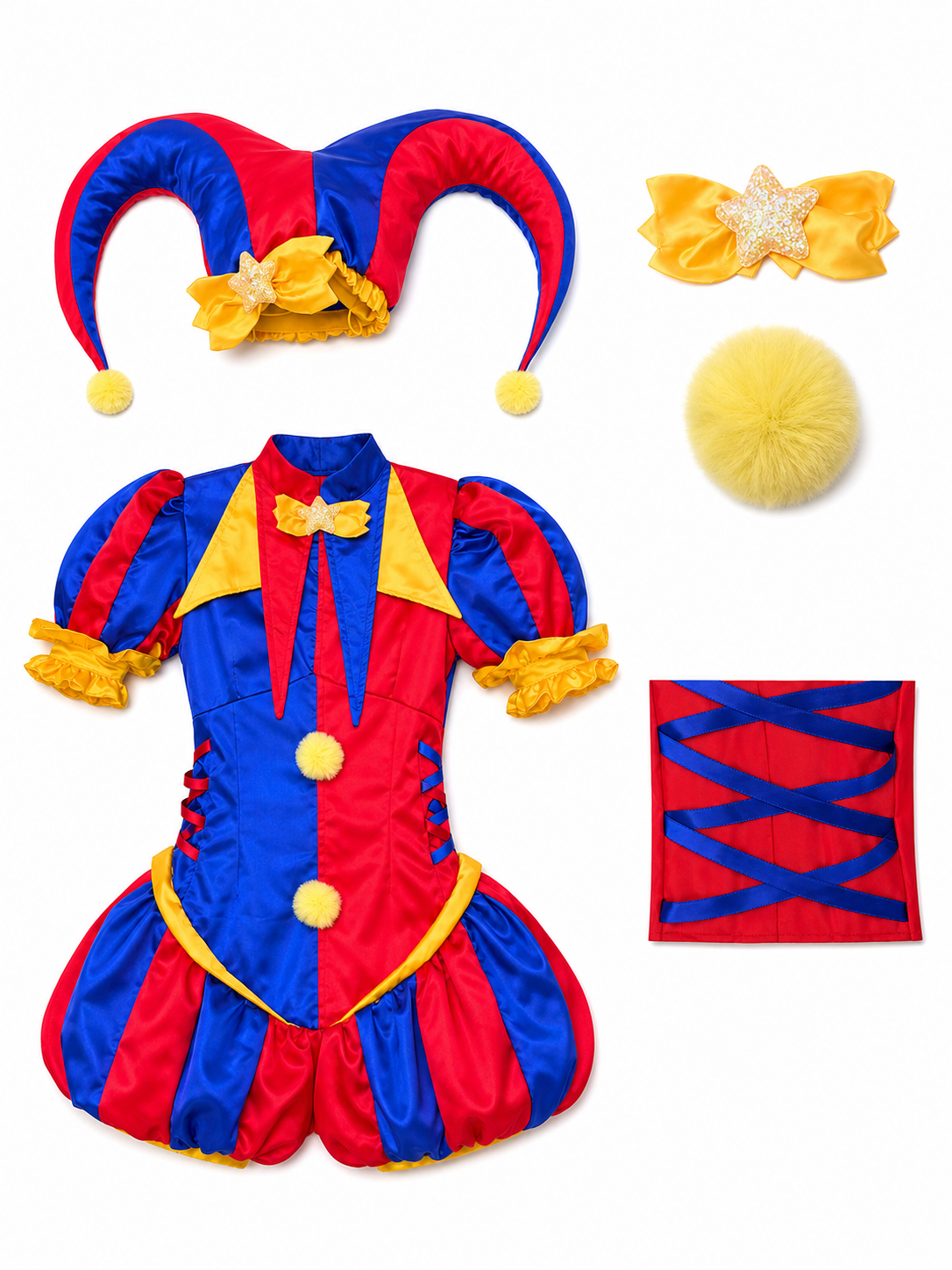 Bright circus clown-style costume with a dress and headpiece, designed for cosplay, themed events, costume parties, and stage performances. The set features an expressive red-and-blue color scheme with yellow and gold accents. The main piec