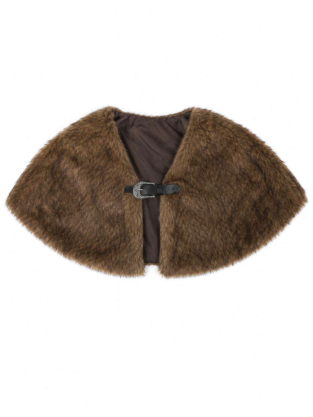 Brown fur-like shoulder cape laid flat, showing the dark lining, open front, and central buckle closure