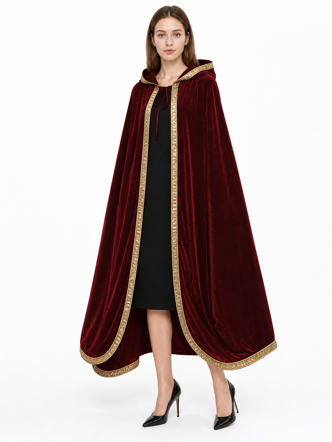 Burgundy Hooded Costume Cloak, Velvety Texture included items