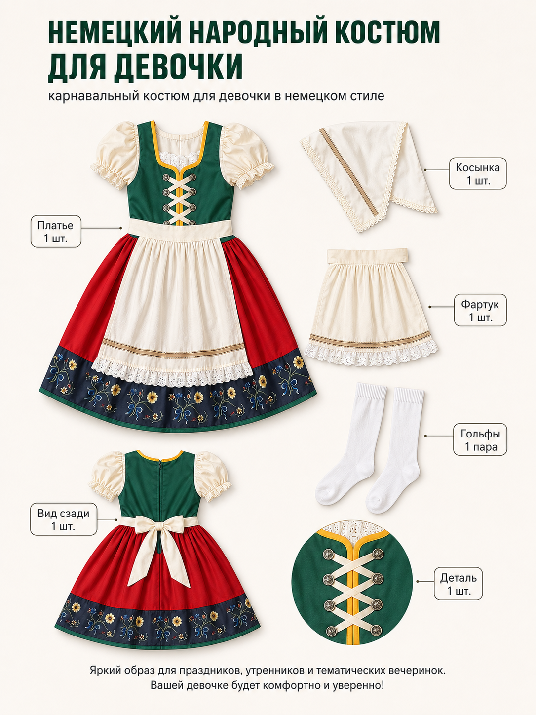 Dirndl Dress with Apron and Lace-Up Front, A-Line Silhouette
