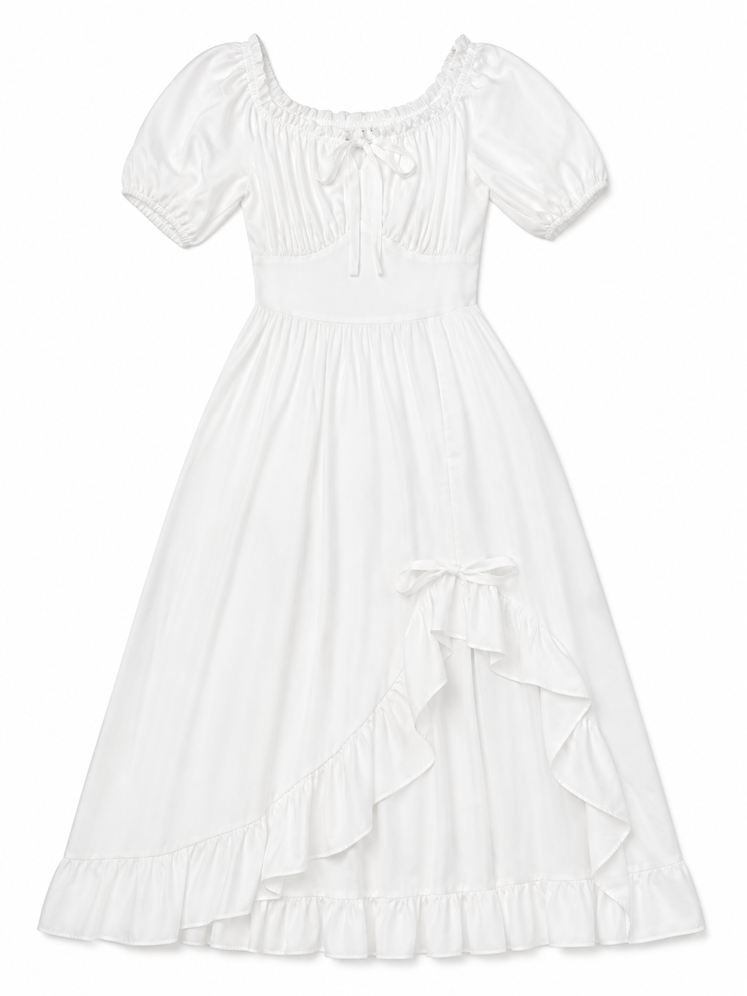 White Midi Dress with a Corset-Style Bodice and Ruffles