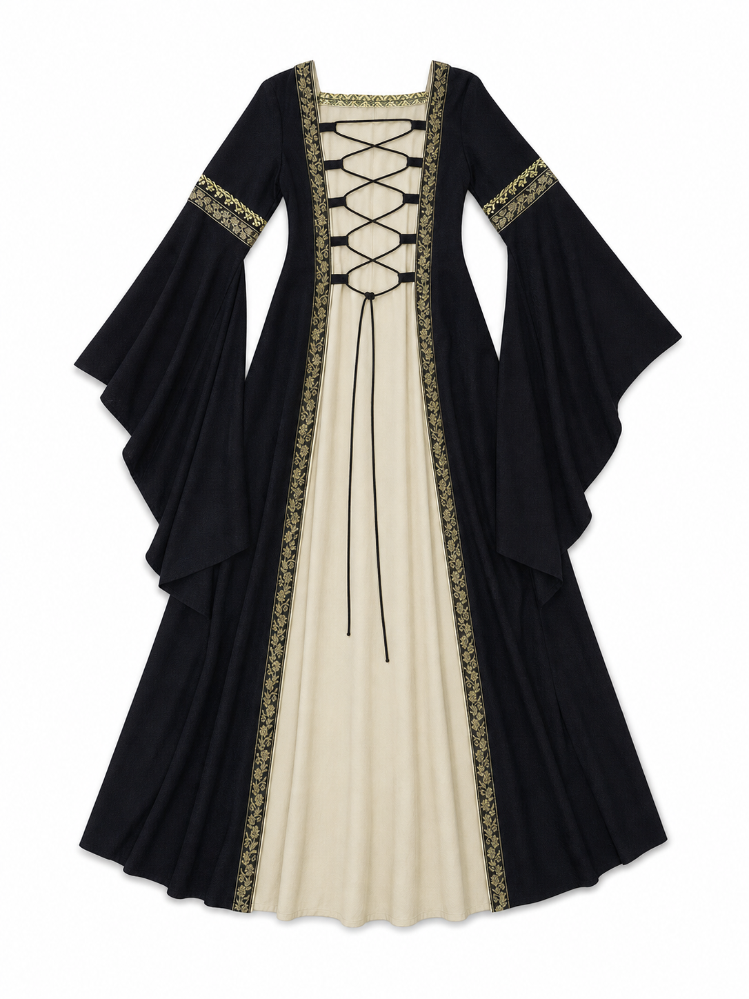 Medieval-style dress with flared sleeves, lacing, and decorative trim. The design is made in black with a cream-colored center panel and golden floral elements along the edges and on the cuffs. The open front layer frames the light-colored