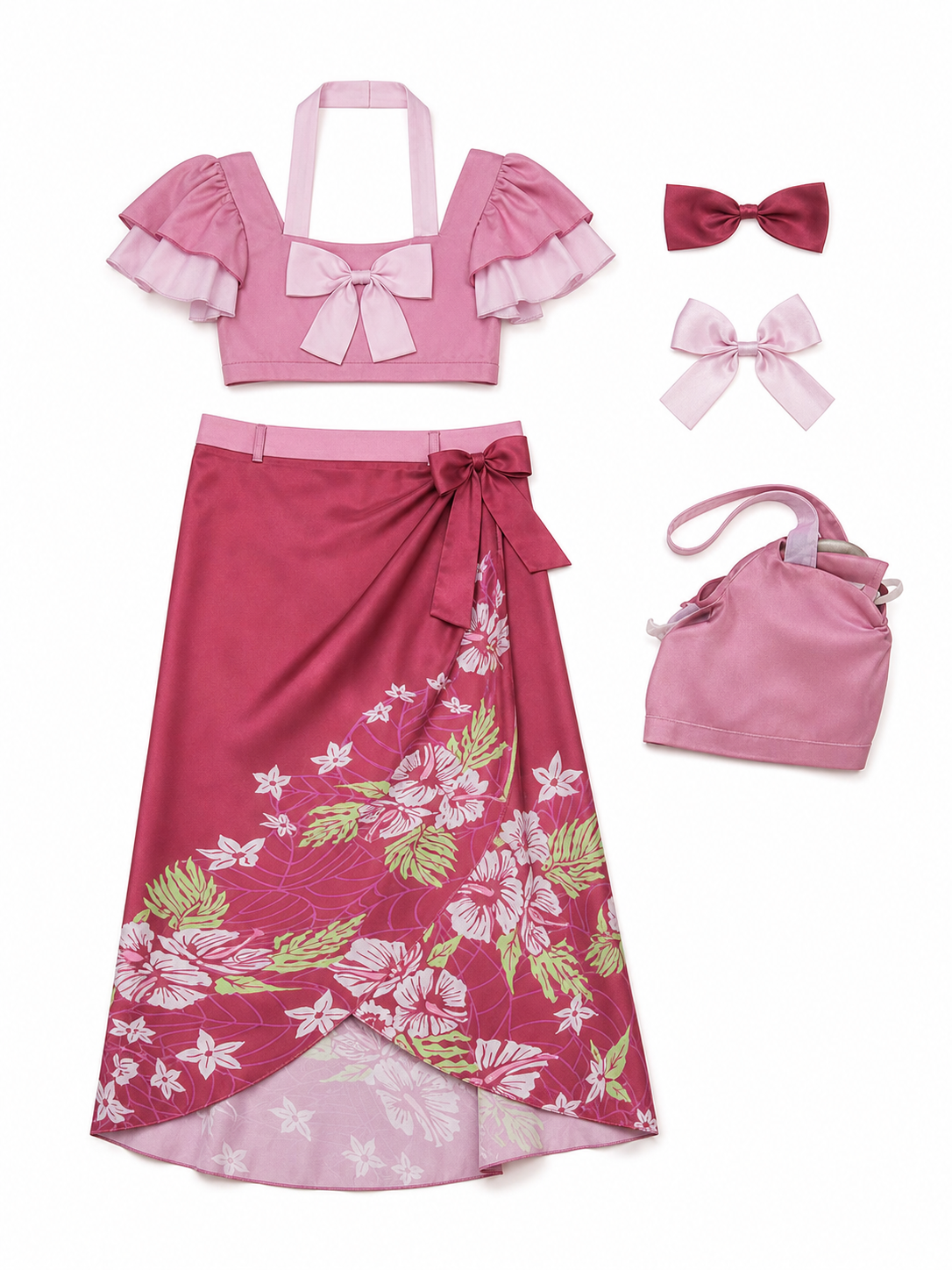 This cosplay set is designed as a short-sleeve crop top and a long skirt. It includes a top, a half-skirt, and decorative bows. There is a bow on the chest of the top, and another bow is placed on the side of the skirt waist. The top has an