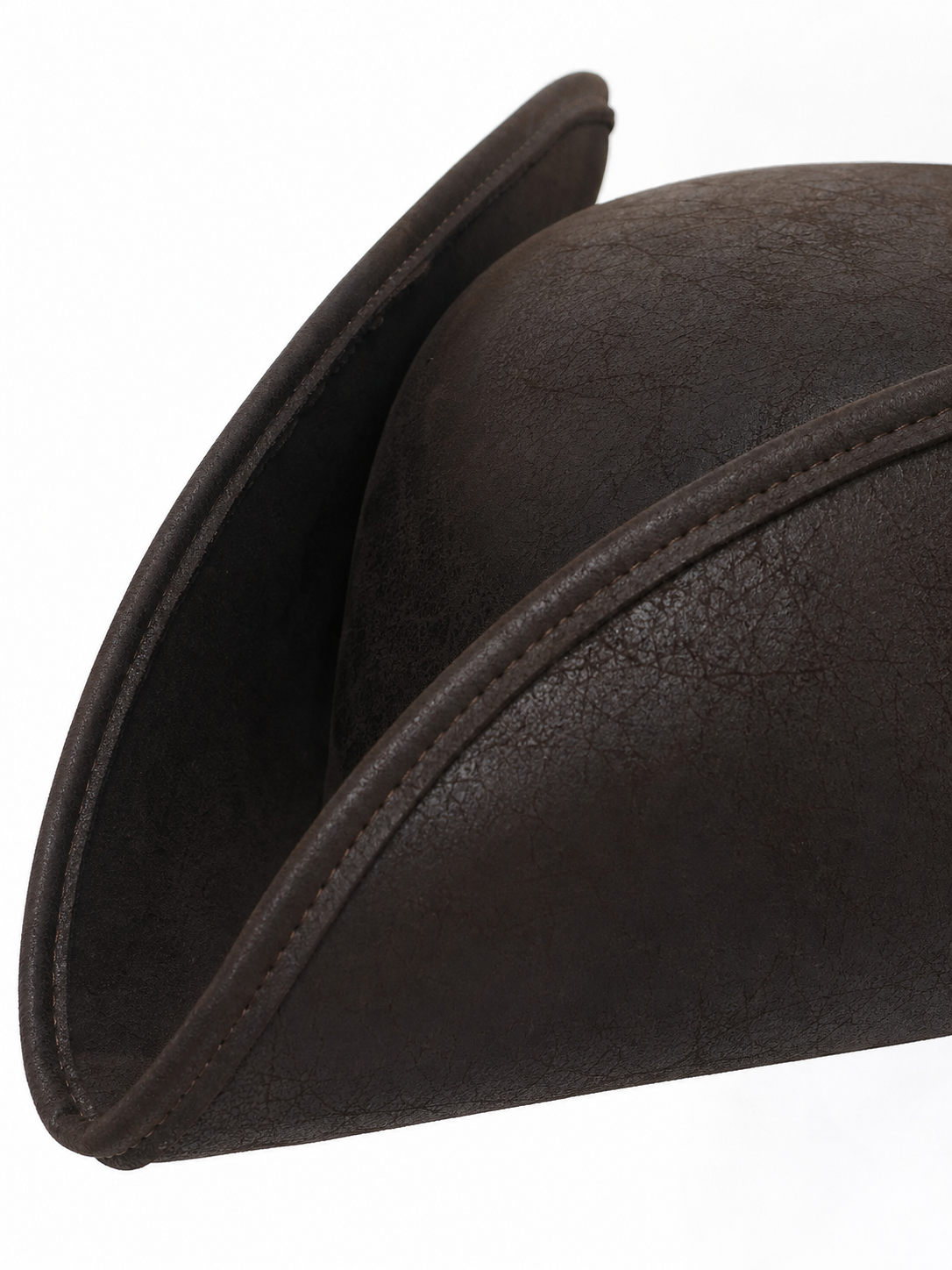 Close-up of the brown faux leather hat brim showing stitched edging and textured surface