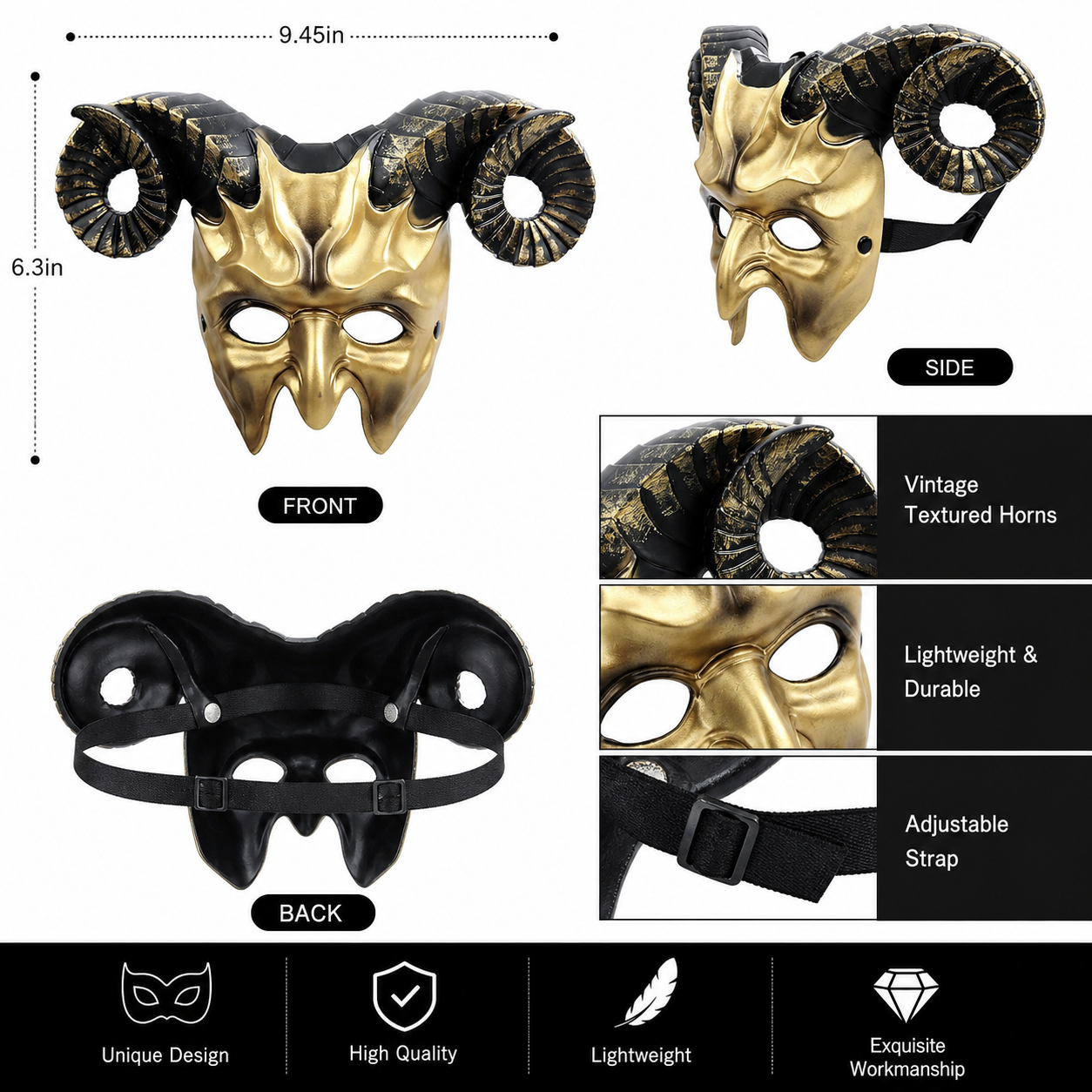 1pc Halloween Horned Demon Face Mask with Curled Horns for Cosplay Party