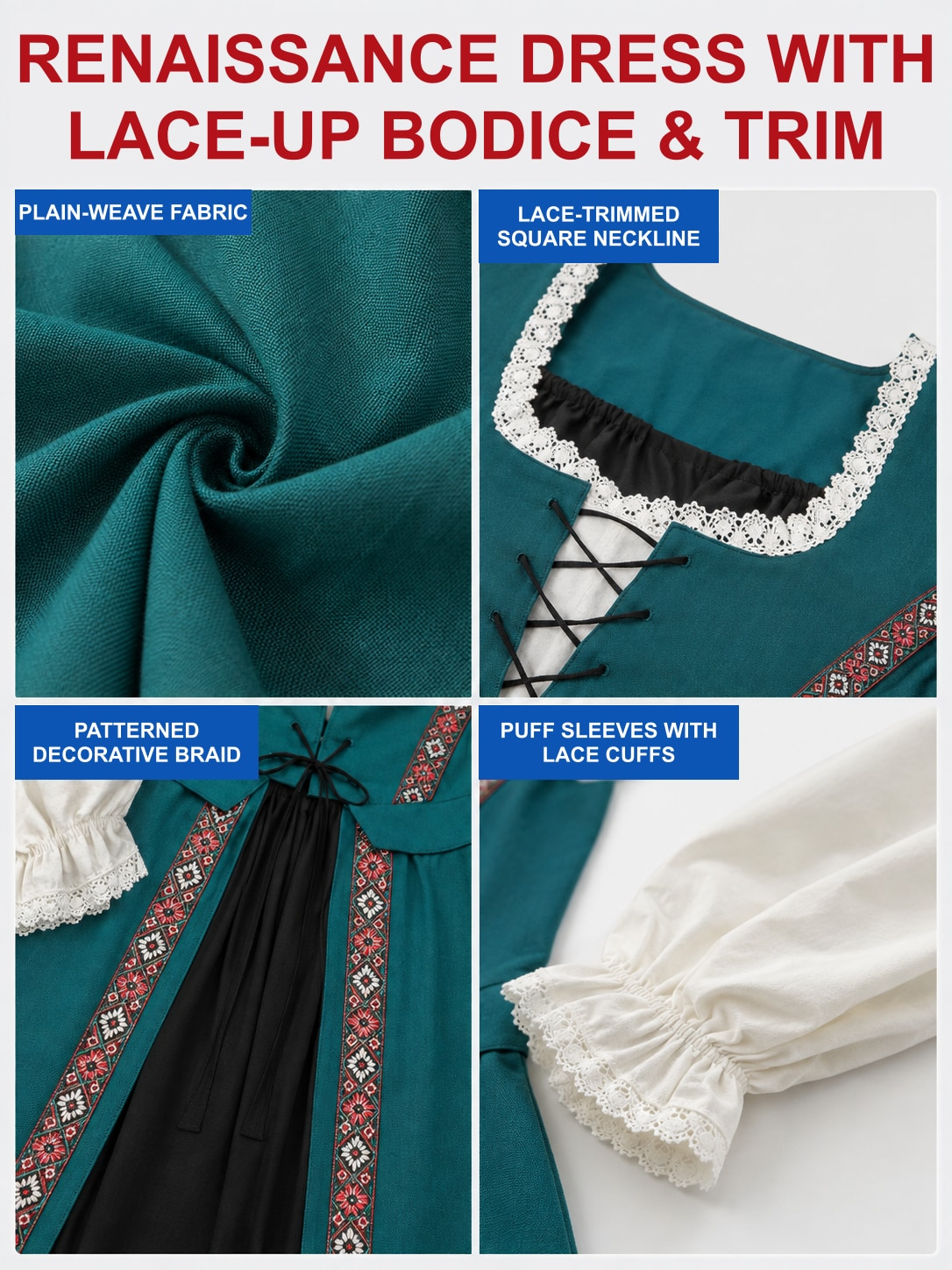 Detail views: plain-weave turquoise fabric, lace-trimmed square neckline, patterned braid and puff sleeve with lace cuff