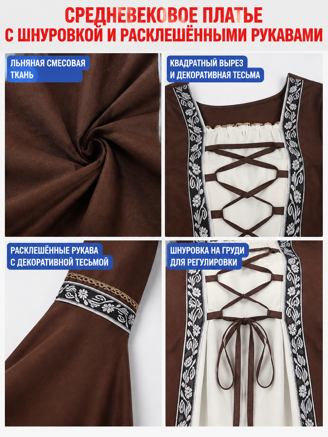 Medieval Brown Dress with White Insert detail view