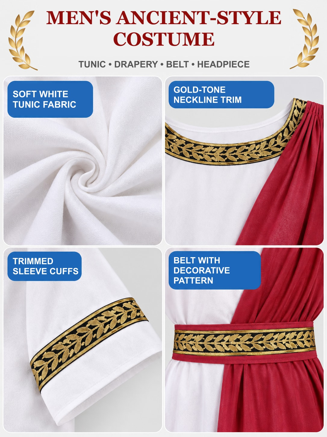 Detail views: white tunic fabric, gold-tone neckline trim, trimmed sleeve cuffs and belt with decorative pattern