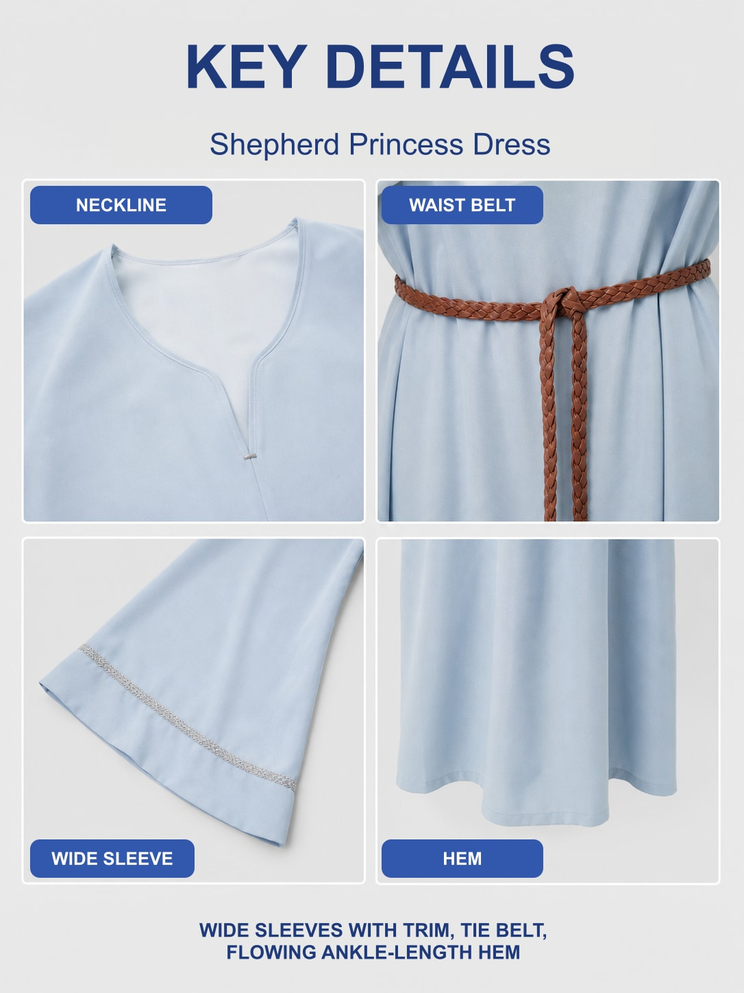 Detail views: notched neckline, braided waist belt, wide trimmed sleeve and hem