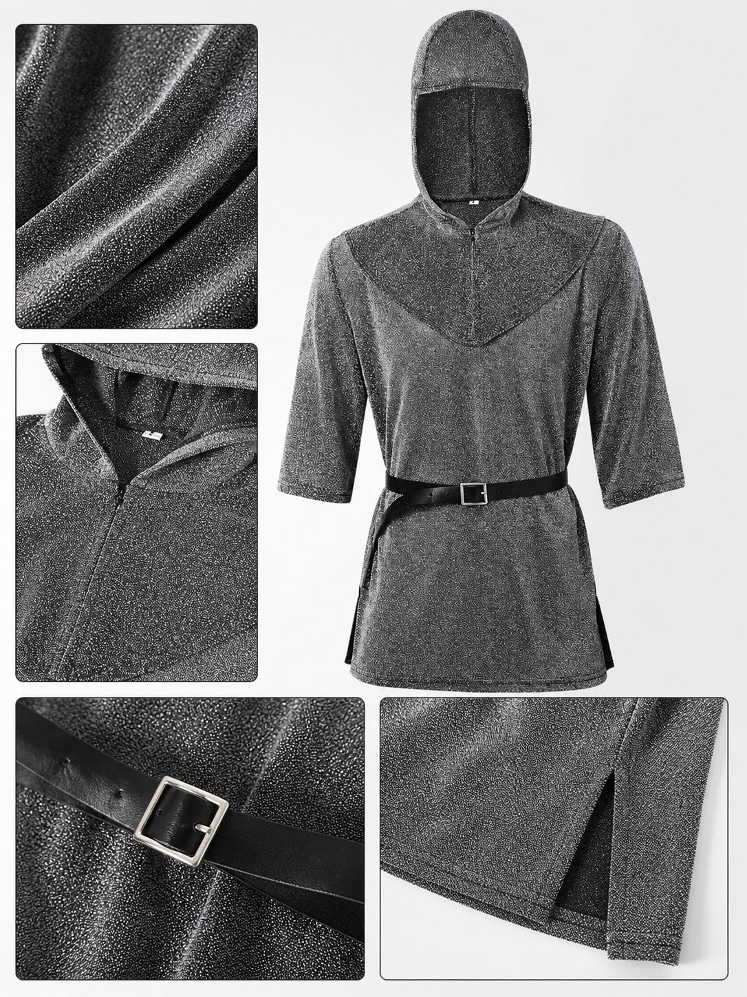 Medieval Ranger Cosplay Costume Set, Hooded Gray Top With Cape-Like Front Panel, Black Belt And Square Buckle For Role Play