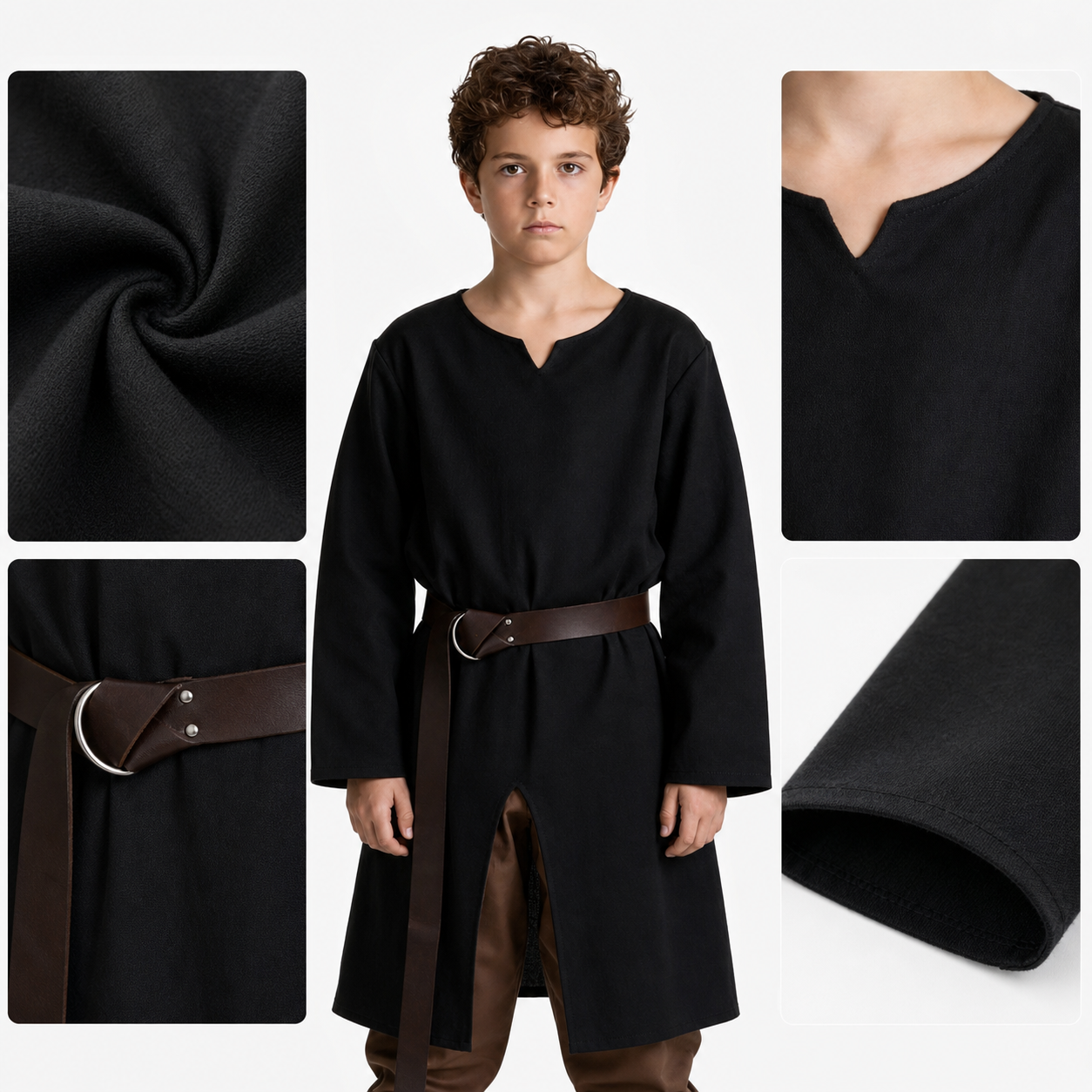 Black long loose-fit tunic in a fantasy style detail view 2