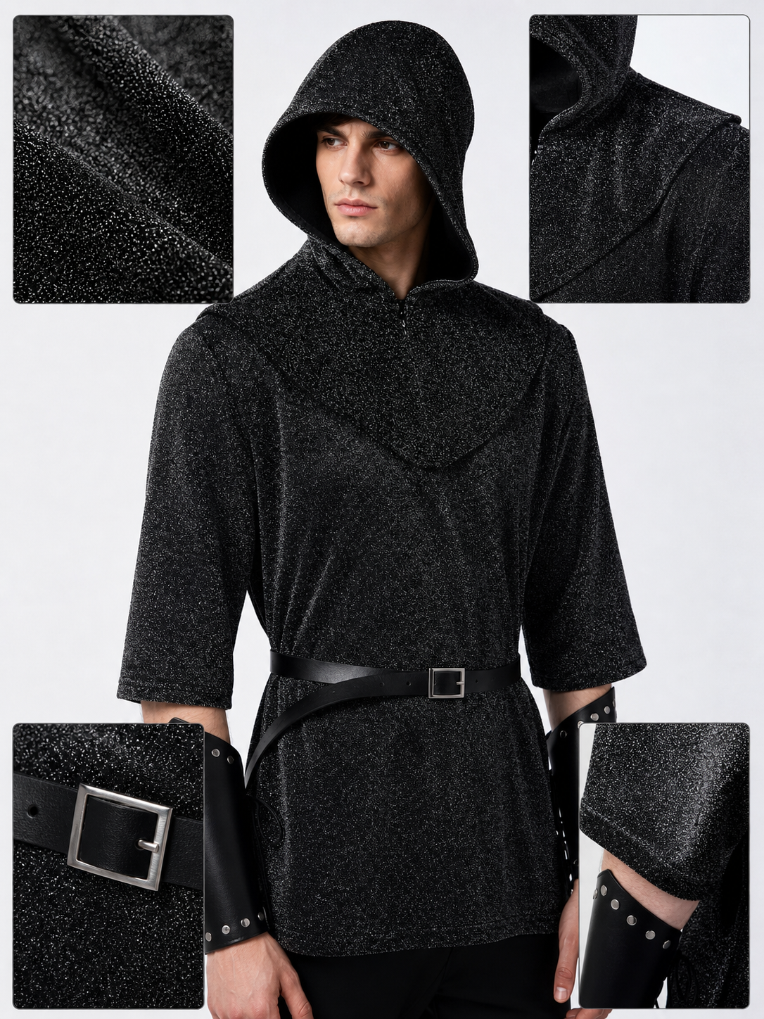 Medieval Knight Cosplay Costume Set, Black Hooded Long Sleeve Top With Chest Cover, Wrist Guards And Belt For Role Play