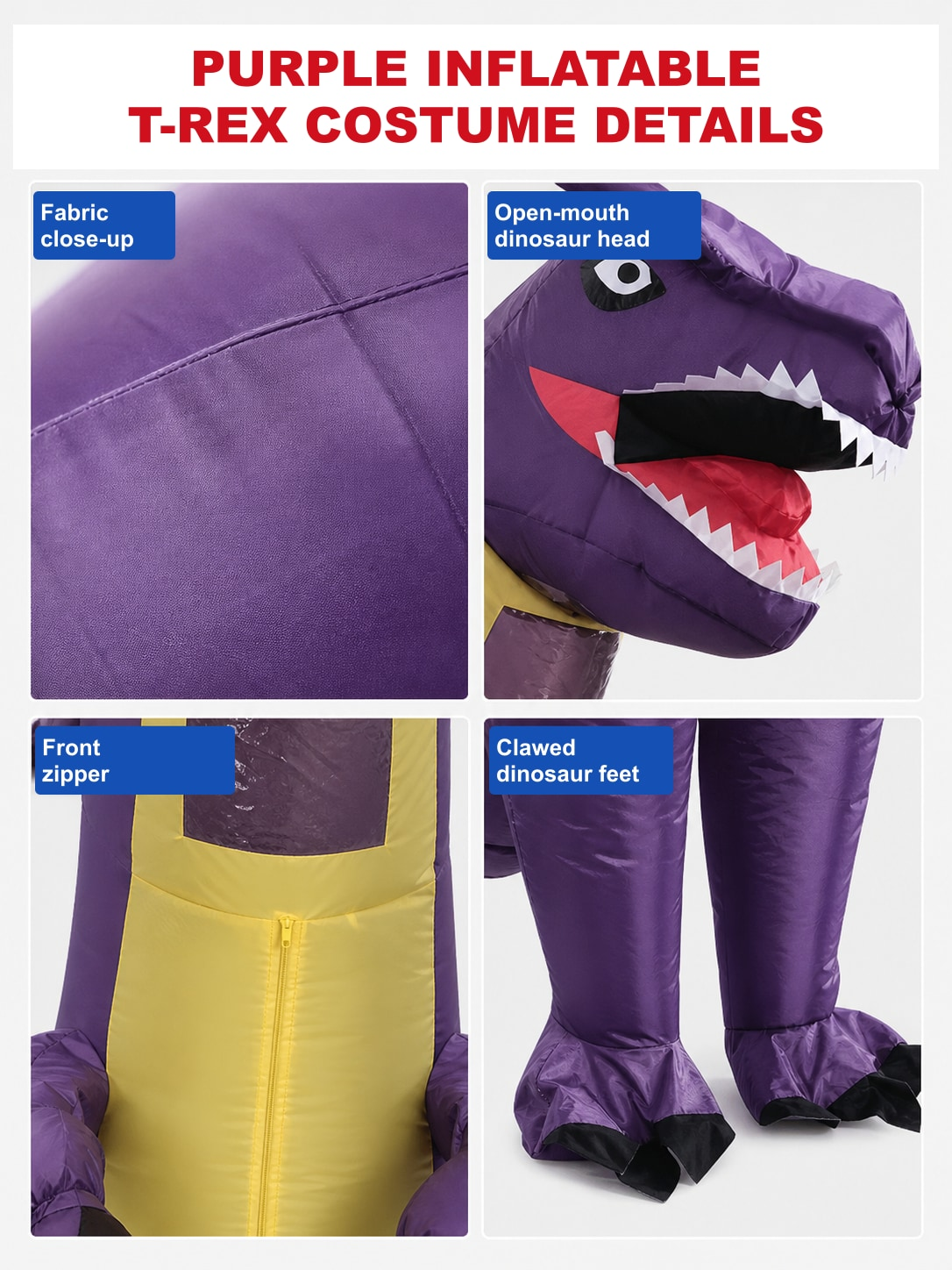 Purple inflatable T-rex costume details: fabric, open-mouth head, front zipper and clawed feet