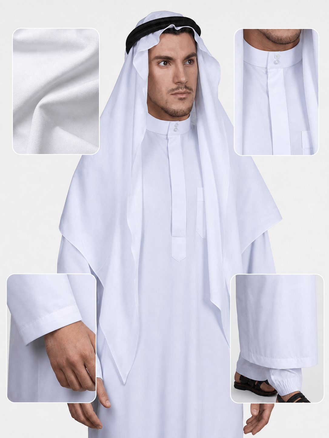 Men's Traditional Muslim Robe Outfit, Full-Length White Robe with Draped Head Covering and Black Headband
