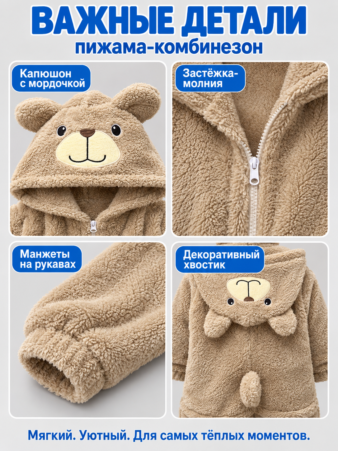 Flannel Bear Pajama Jumpsuit, Light Beige