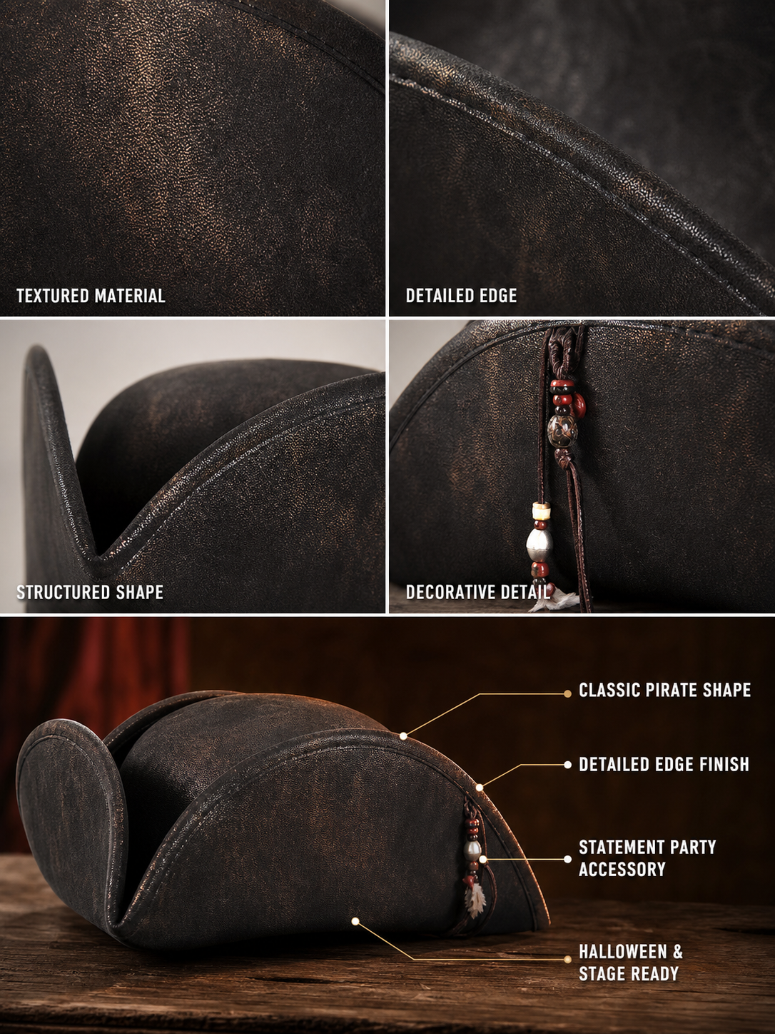 Pirate Tricorn Hat, Three-Cornered Costume Hat With Wide Curved Brim, Dark Gold Pattern And Stitched Edge For Cosplay Parties