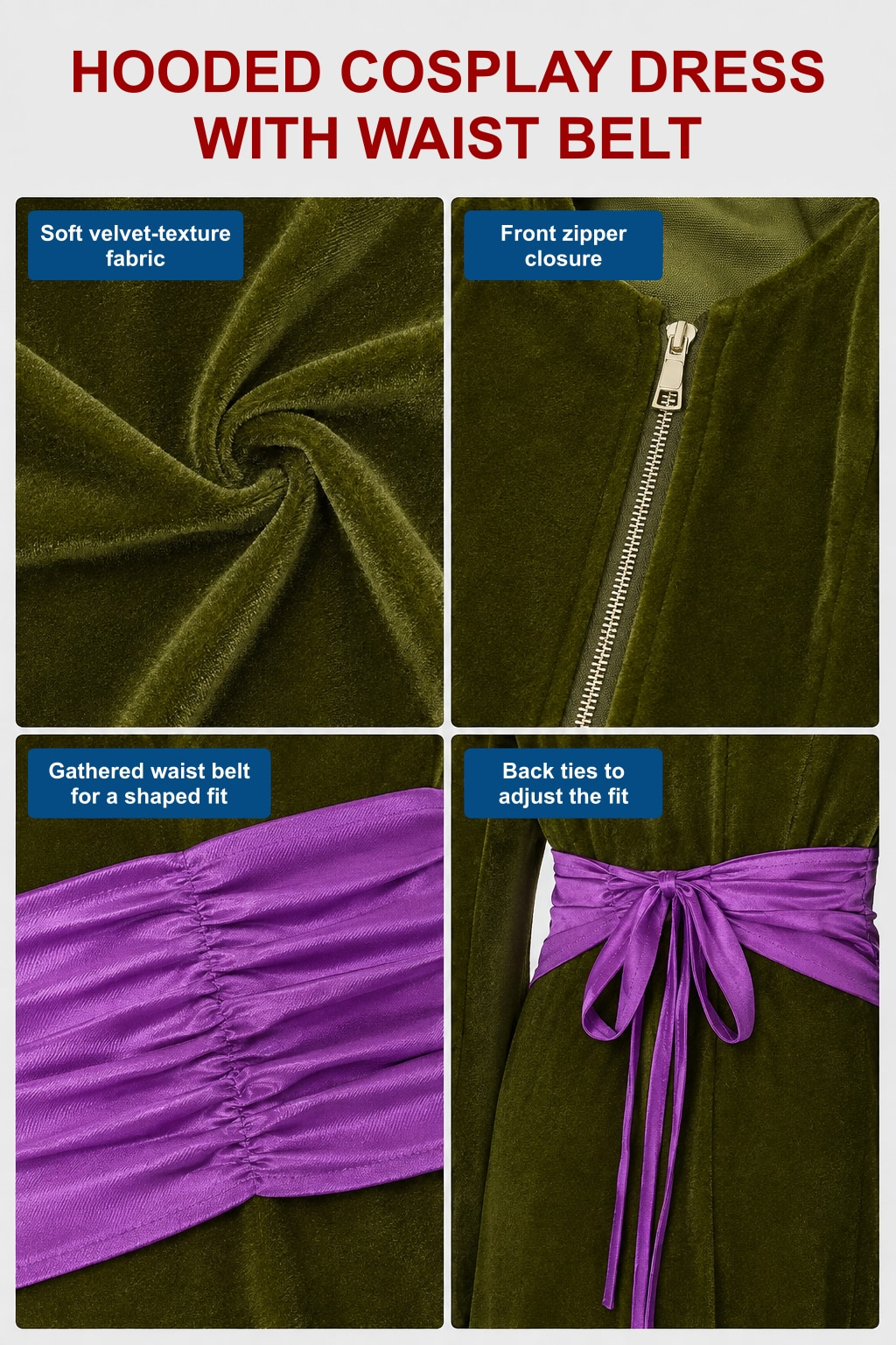 Detail views of the green hooded dress: velvet-texture fabric, front zipper, gathered purple waist belt and back ties