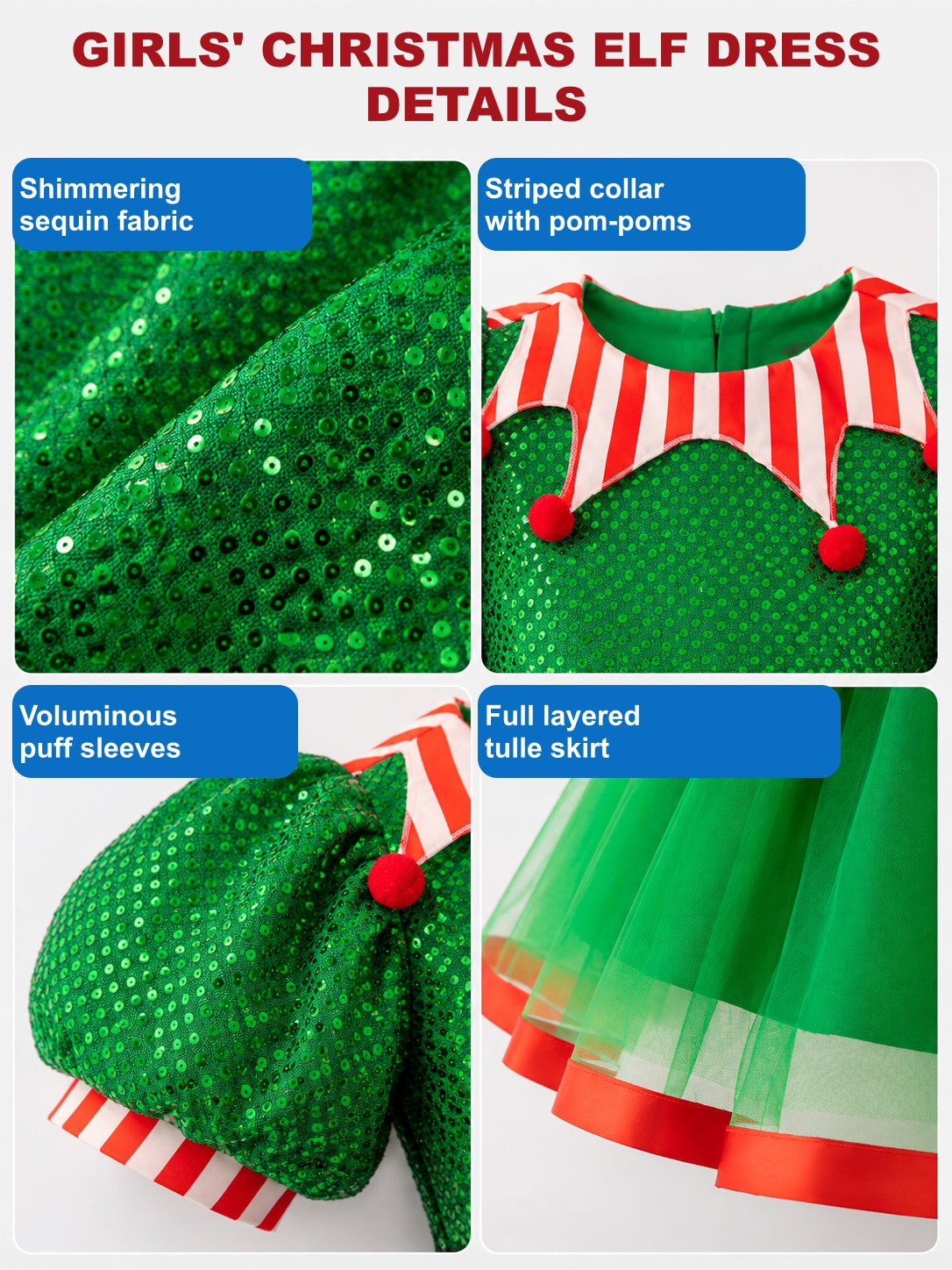 Detail views of the elf dress: sequin fabric, striped pom-pom collar, puff sleeves and layered tulle skirt with red hem