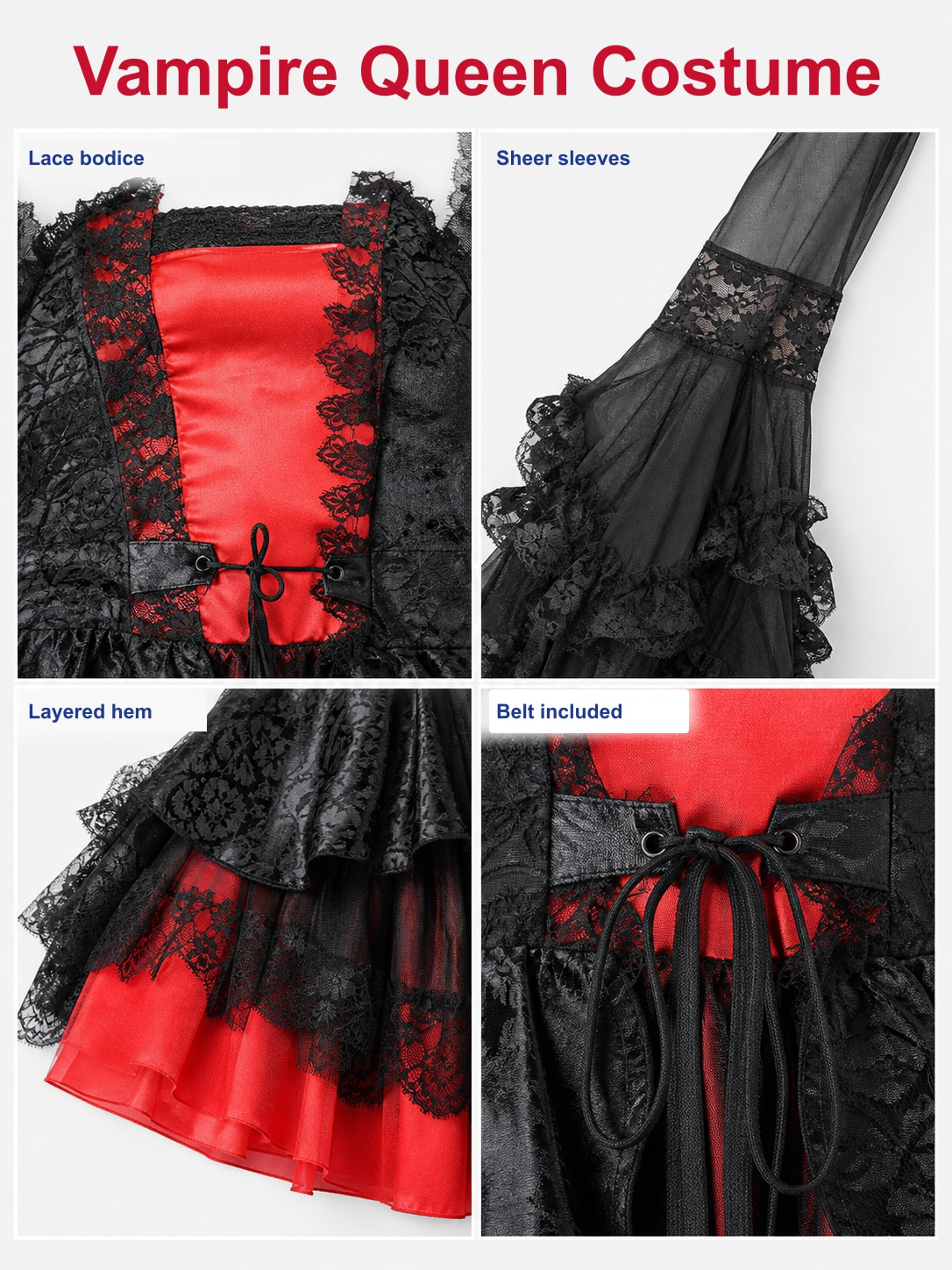 Close-up details: lace bodice, sheer sleeves, layered hem and included lace-up belt