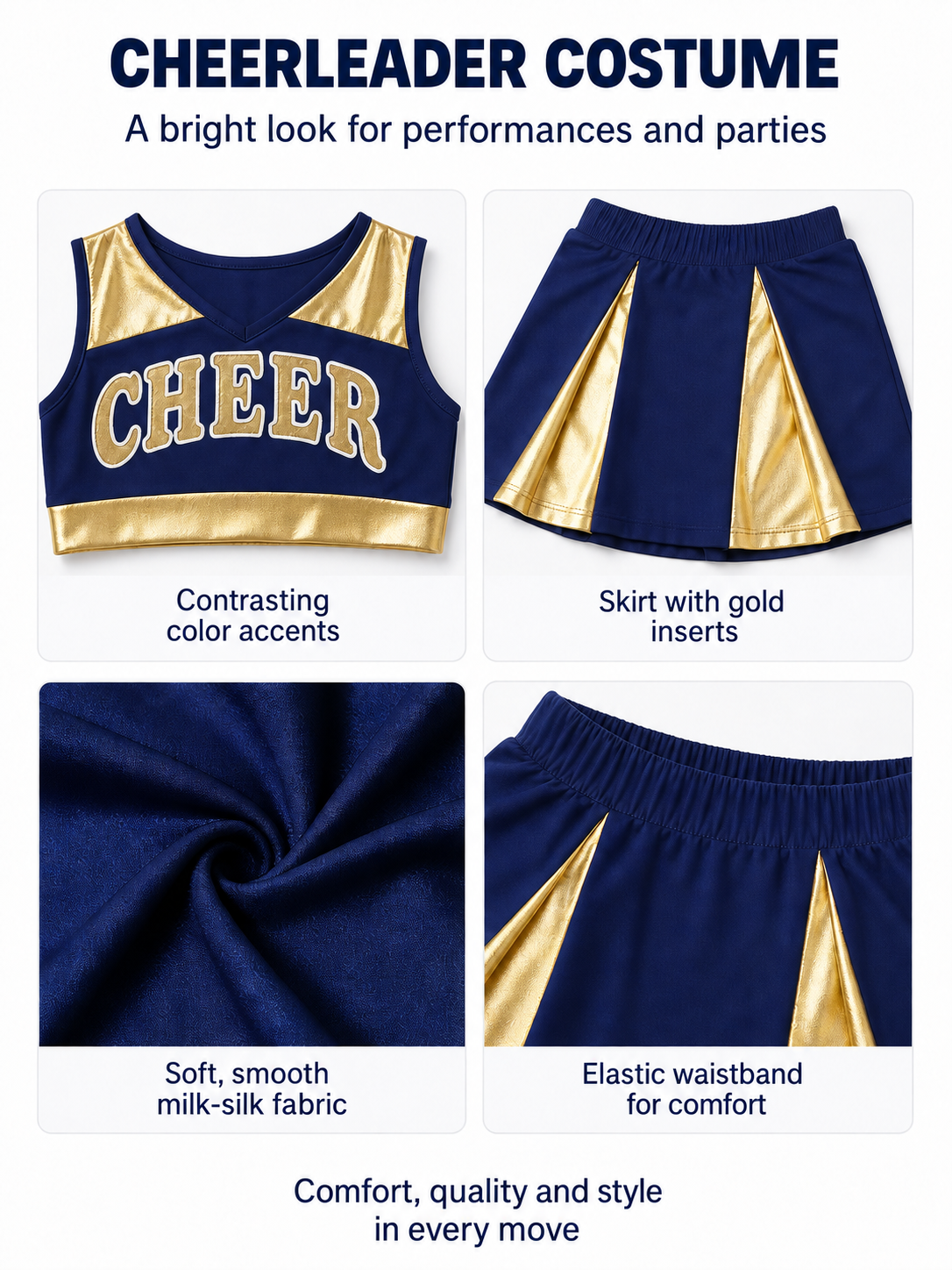 Cheerleading Uniform: Top and Skirt, Navy Blue with Gold product detail composite