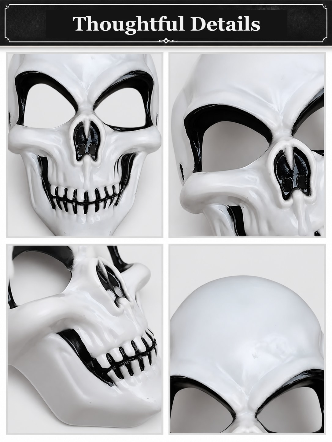 Close-up details of the skull mask: eye sockets, teeth and cranium